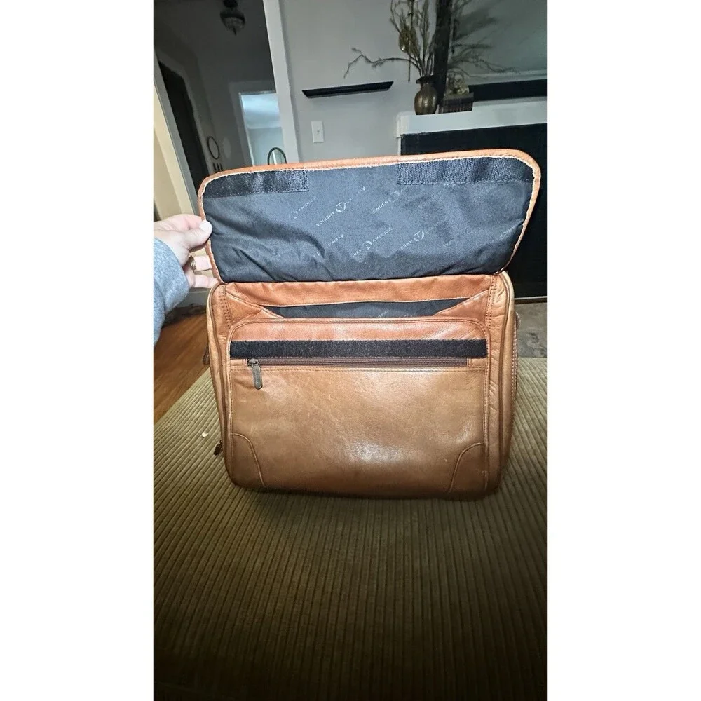 Full Grain Leather Briefcase Laptop Bag Tan Cognac Double Zip